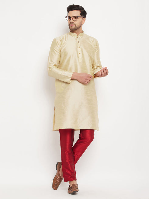 Vastramay Men's Gold Cotton Silk Blend Kurta and Maroon Pant Style Pyjama Set