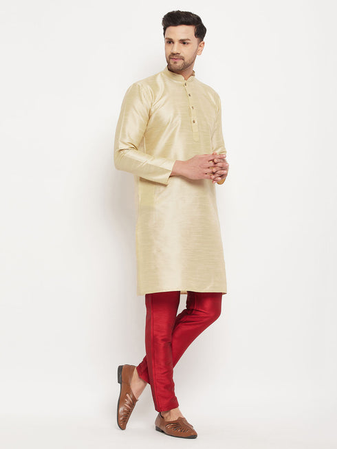 Vastramay Men's Gold Cotton Silk Blend Kurta and Maroon Pant Style Pyjama Set
