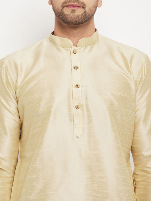 Vastramay Men's Gold Cotton Silk Blend Kurta and Maroon Pant Style Pyjama Set