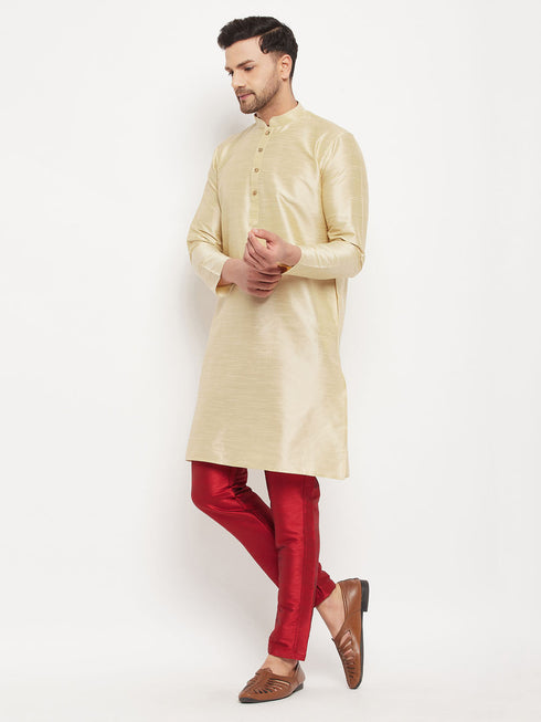 Vastramay Men's Gold Cotton Silk Blend Kurta and Maroon Pant Style Pyjama Set