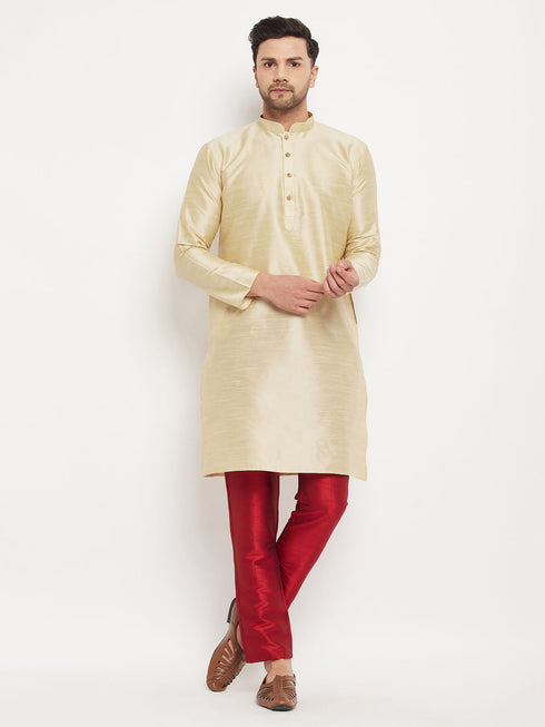 Vastramay Men's Gold Cotton Silk Blend Kurta and Maroon Pant Style Pyjama Set