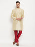 Vastramay Men's Gold Cotton Silk Blend Kurta and Maroon Pant Style Pyjama Set