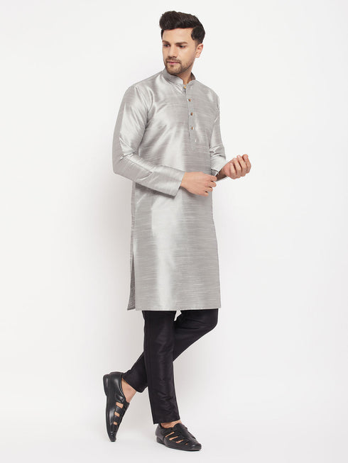 Vastramay Men's Grey Silk Blend Kurta and Black Pant Style Pyjama Set