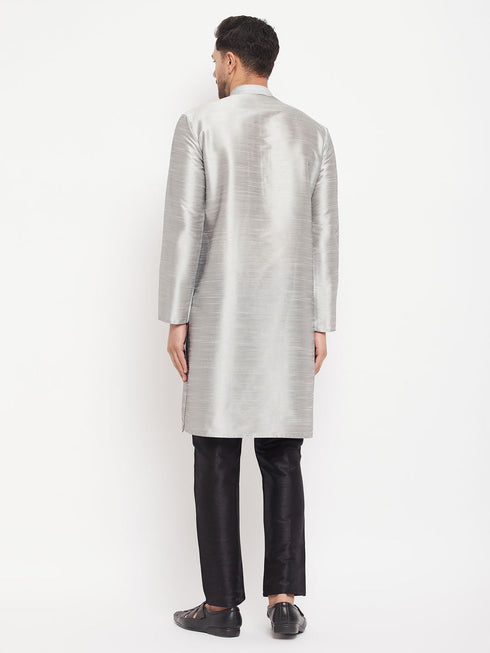 Vastramay Men's Grey Silk Blend Kurta and Black Pant Style Pyjama Set