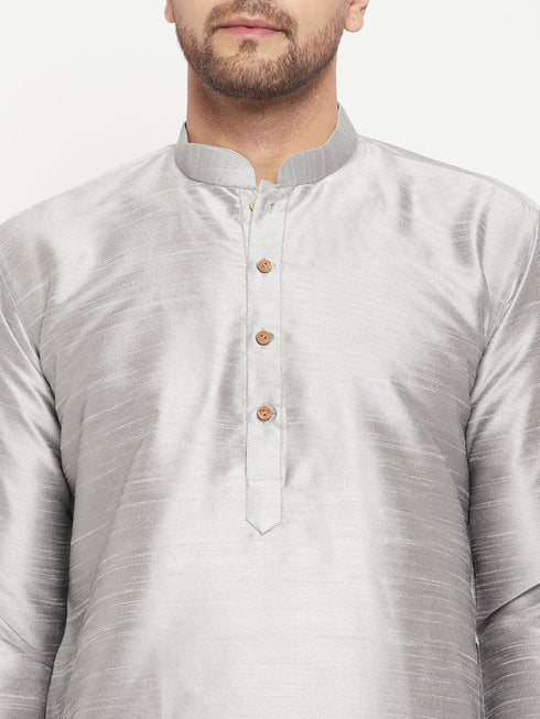 Vastramay Men's Grey Silk Blend Kurta and Black Pant Style Pyjama Set