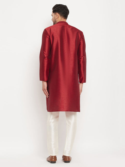 Vastramay Men's Maroon Silk Blend Kurta and Cream Pant Style Pyjama Set