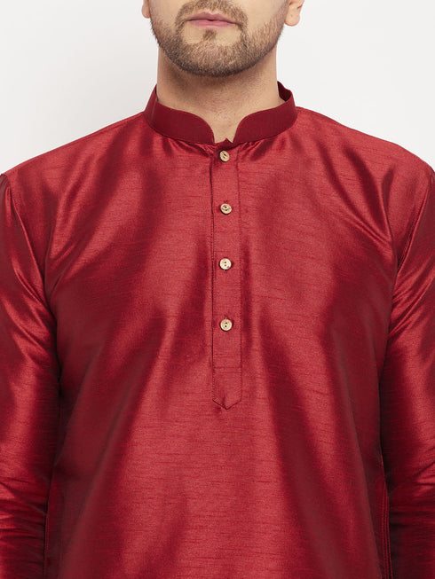 Vastramay Men's Maroon Silk Blend Kurta and Cream Pant Style Pyjama Set