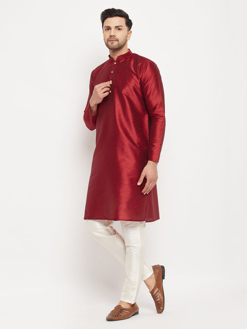 Vastramay Men's Maroon Silk Blend Kurta and Cream Pant Style Pyjama Set