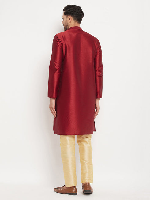 Vastramay Men's Maroon Silk Blend Kurta and Gold Pant Style Pyjama Set