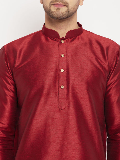 Vastramay Men's Maroon Silk Blend Kurta and Gold Pant Style Pyjama Set