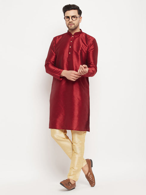 Vastramay Men's Maroon Silk Blend Kurta and Gold Pant Style Pyjama Set