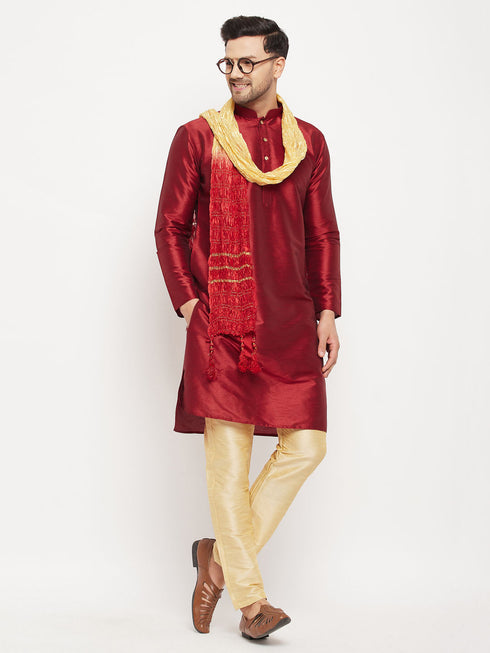 Vastramay Men's Maroon Silk Blend Kurta and Gold Pant Style Pyjama Set With Dupatta