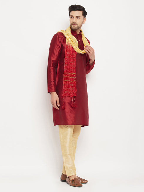Vastramay Men's Maroon Silk Blend Kurta and Gold Pant Style Pyjama Set With Dupatta