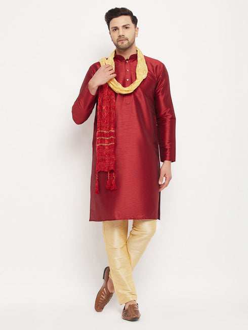 Vastramay Men's Maroon Silk Blend Kurta and Gold Pant Style Pyjama Set With Dupatta