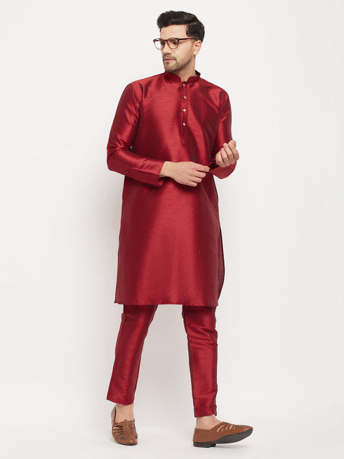 Vastramay Men's Maroon Silk Blend Kurta and Maroon Pant Style Pyjama Set