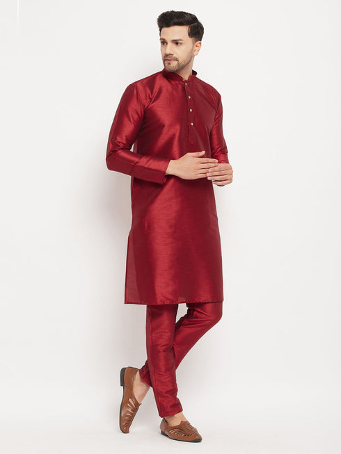 Vastramay Men's Maroon Silk Blend Kurta and Maroon Pant Style Pyjama Set