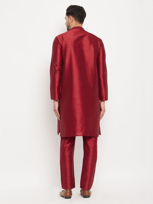 Vastramay Men's Maroon Silk Blend Kurta and Maroon Pant Style Pyjama Set