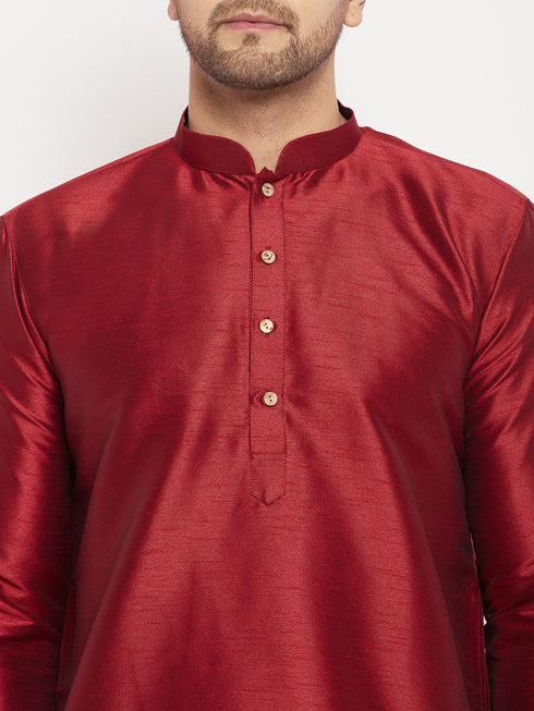 Vastramay Men's Maroon Silk Blend Kurta and Maroon Pant Style Pyjama Set