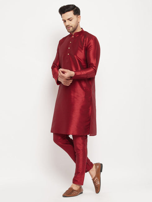 Vastramay Men's Maroon Silk Blend Kurta and Maroon Pant Style Pyjama Set