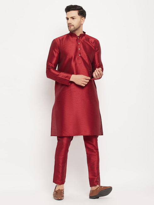 Vastramay Men's Maroon Silk Blend Kurta and Maroon Pant Style Pyjama Set