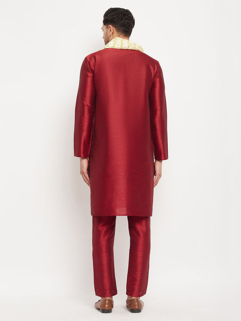 Vastramay Men's Maroon Silk Blend Kurta and Maroon Pant Style Pyjama Set With Dupatta