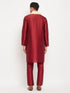 Vastramay Men's Maroon Silk Blend Kurta and Maroon Pant Style Pyjama Set With Dupatta