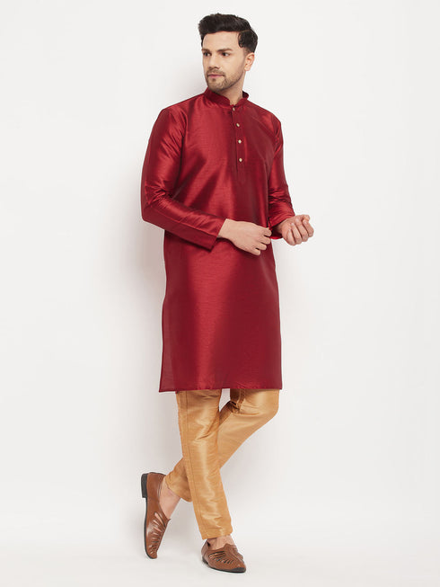 Vastramay Men's Maroon Silk Blend Kurta and Rose Gold Pant Style Pyjama Set