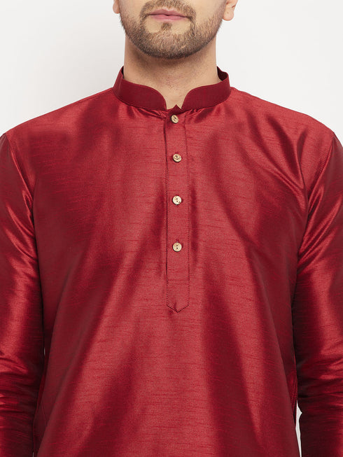 Vastramay Men's Maroon Silk Blend Kurta and Rose Gold Pant Style Pyjama Set