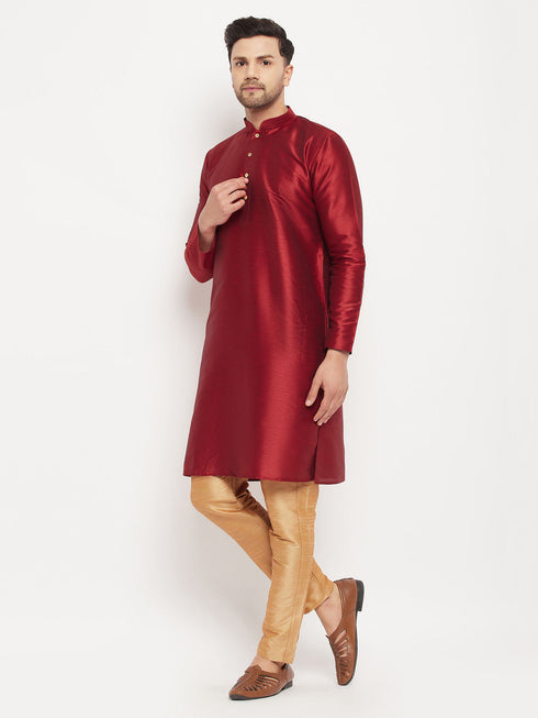 Vastramay Men's Maroon Silk Blend Kurta and Rose Gold Pant Style Pyjama Set