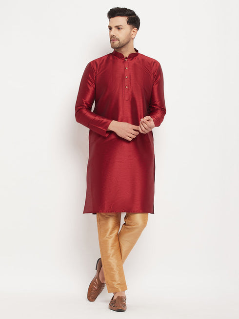 Vastramay Men's Maroon Silk Blend Kurta and Rose Gold Pant Style Pyjama Set