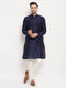Vastramay Men's Navy Blue Silk Blend Kurta and Cream Pant Style Pyjama Set