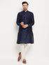 Vastramay Men's Navy Blue Silk Blend Kurta and Cream Pant Style Pyjama Set