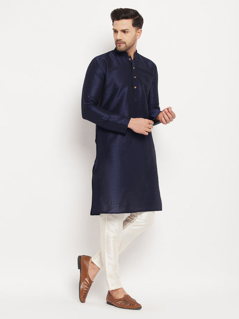 Vastramay Men's Navy Blue Silk Blend Kurta and Cream Pant Style Pyjama Set