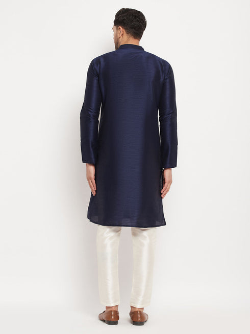Vastramay Men's Navy Blue Silk Blend Kurta and Cream Pant Style Pyjama Set
