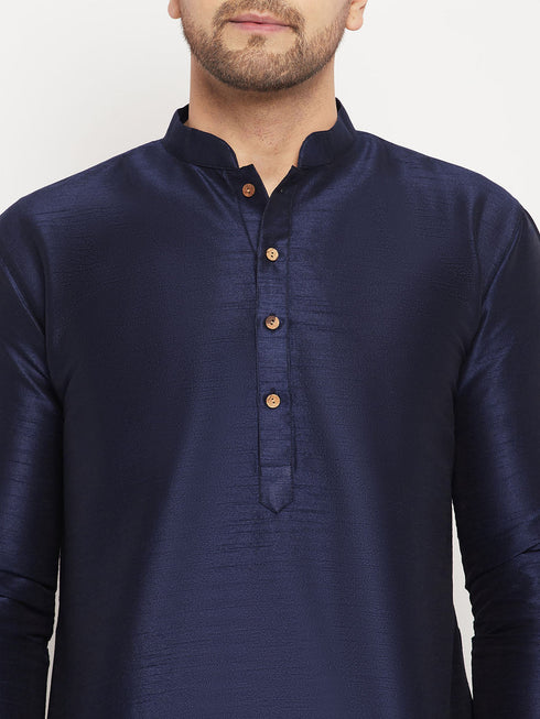 Vastramay Men's Navy Blue Silk Blend Kurta and Cream Pant Style Pyjama Set