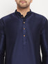 Vastramay Men's Navy Blue Silk Blend Kurta and Cream Pant Style Pyjama Set