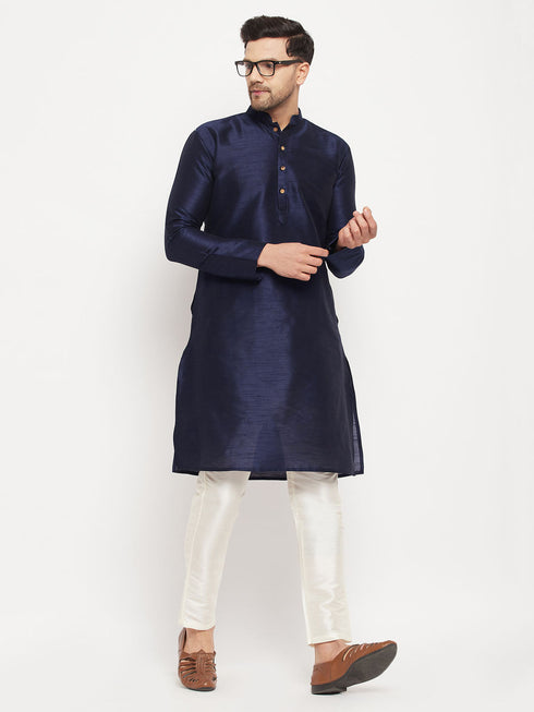 Vastramay Men's Navy Blue Silk Blend Kurta and Cream Pant Style Pyjama Set