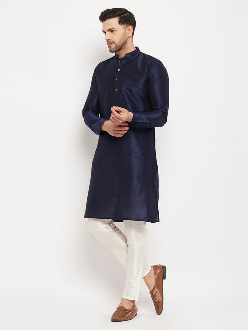 Vastramay Men's Navy Blue Silk Blend Kurta and Cream Pant Style Pyjama Set