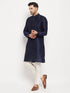Vastramay Men's Navy Blue Silk Blend Kurta and Cream Pant Style Pyjama Set