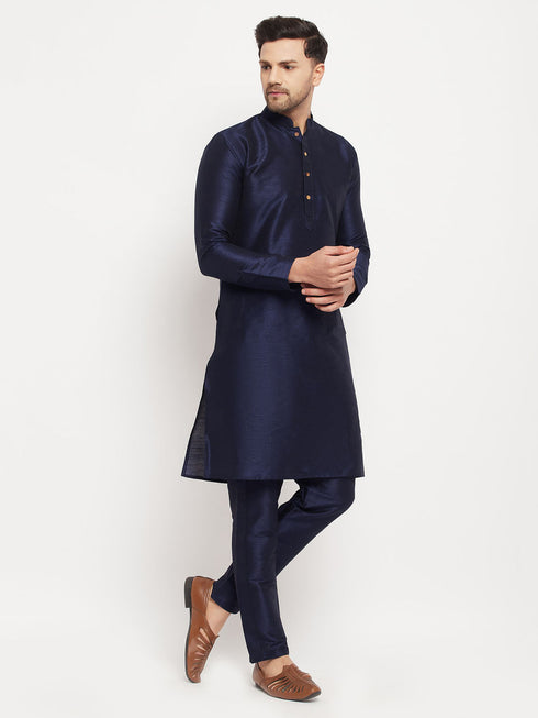 Vastramay Men's Navy Blue Silk Blend Kurta and Navy Blue Pant Style Pyjama Set