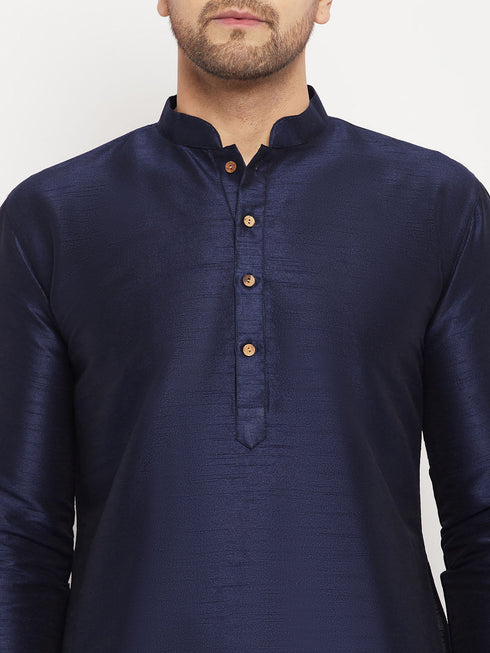 Vastramay Men's Navy Blue Silk Blend Kurta and Navy Blue Pant Style Pyjama Set