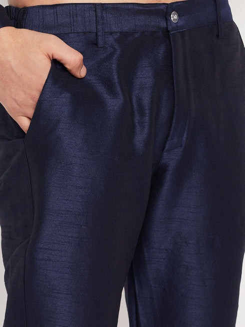 Vastramay Men's Navy Blue Silk Blend Kurta and Navy Blue Pant Style Pyjama Set