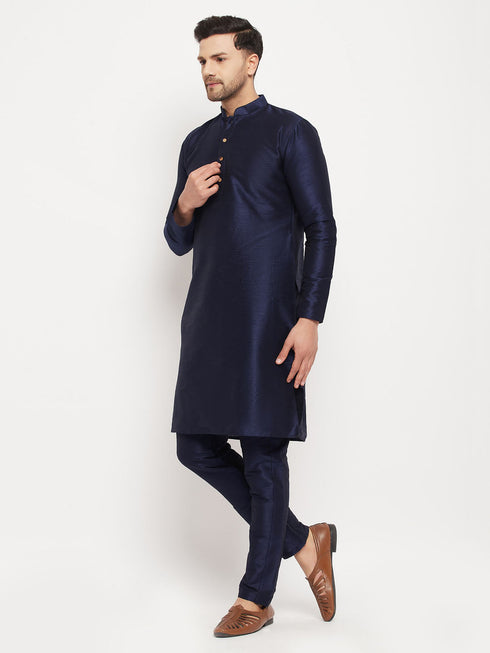 Vastramay Men's Navy Blue Silk Blend Kurta and Navy Blue Pant Style Pyjama Set