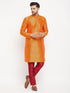 Vastramay Men's Orange Silk Blend Kurta and Maroon Pant Style Pyjama Set