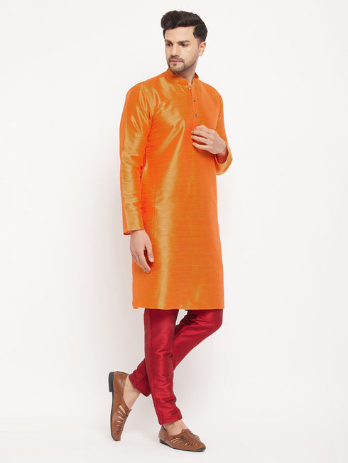 Vastramay Men's Orange Silk Blend Kurta and Maroon Pant Style Pyjama Set