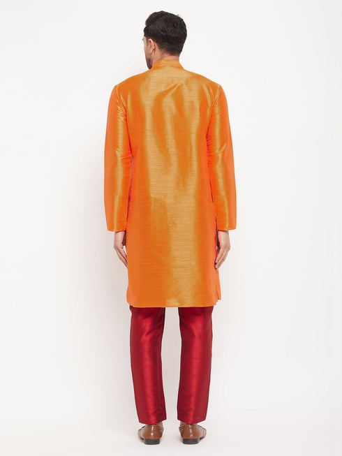 Vastramay Men's Orange Silk Blend Kurta and Maroon Pant Style Pyjama Set