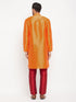 Vastramay Men's Orange Silk Blend Kurta and Maroon Pant Style Pyjama Set