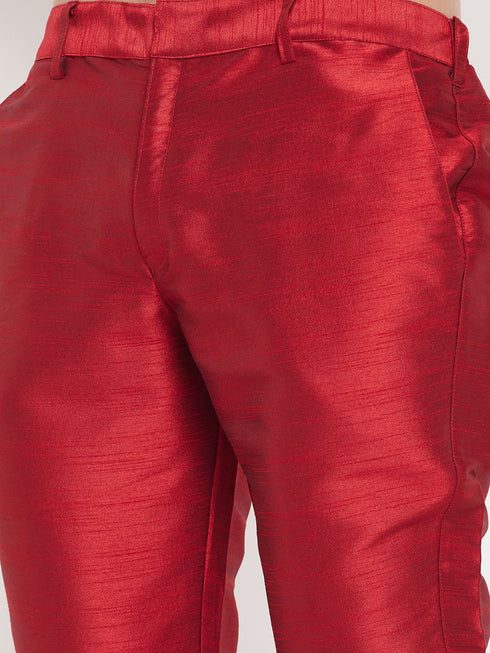 Vastramay Men's Orange Silk Blend Kurta and Maroon Pant Style Pyjama Set