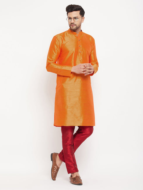 Vastramay Men's Orange Silk Blend Kurta and Maroon Pant Style Pyjama Set