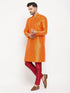 Vastramay Men's Orange Silk Blend Kurta and Maroon Pant Style Pyjama Set